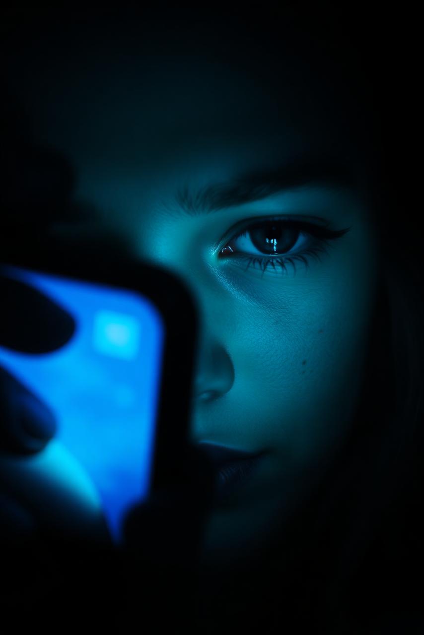 Close-up of a young woman's eyes in the glow of a phone screen.